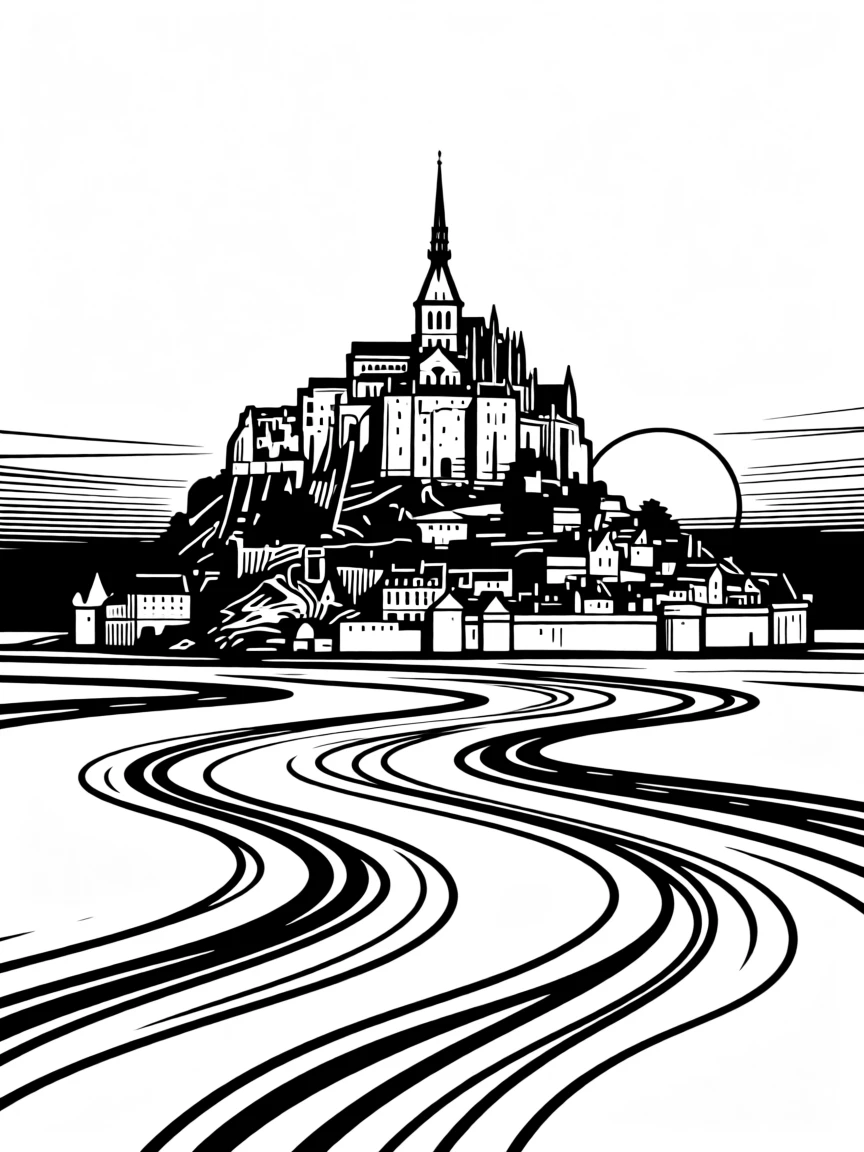 Mont Saint-Michel rising dramatically from the tidal flats at sunset.