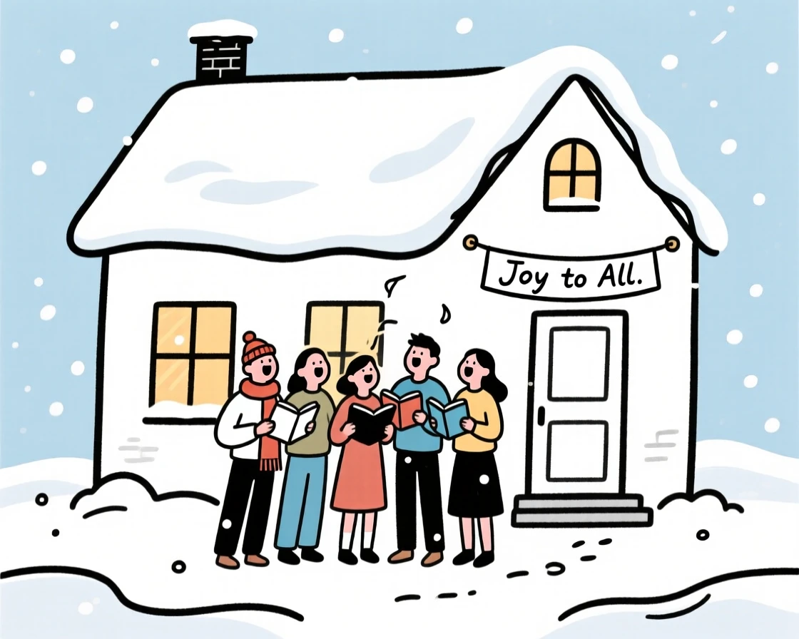 A group of friends caroling together in front of a snowy house.