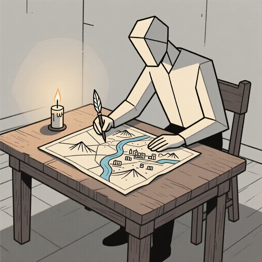 A cartographer drawing a detailed map by candlelight