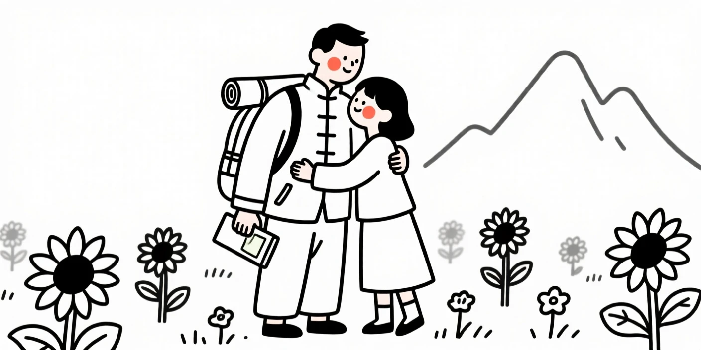 A mountain of chinese heritage guide checking gear, sharing a tender embrace, in a sunflower field.