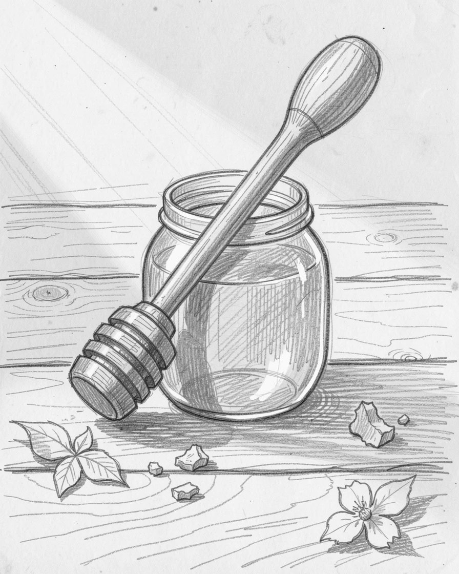 A cozy food scene featuring a jar of honey with a wooden dipper on a rustic wooden table, with morning light streaming across the scene.