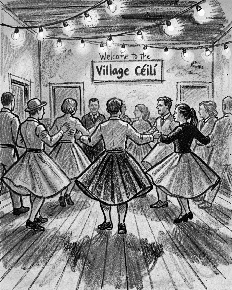 A traditional Irish céilí dance in a village hall, under the warm glow of string lights.