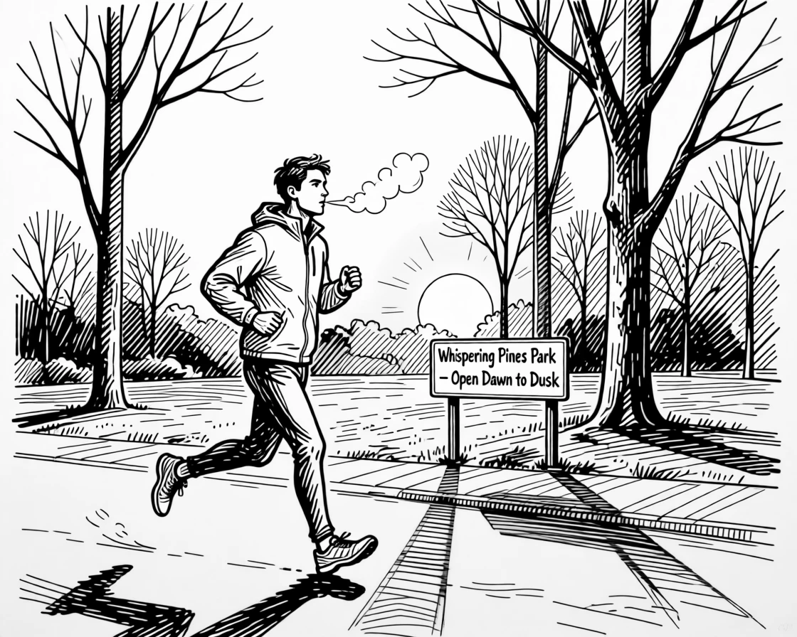 A jogger running through a quiet park at sunrise, breath visible in cold air.