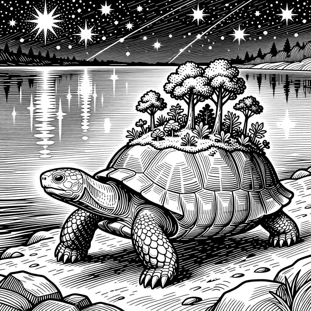 A giant tortoise carrying a tiny forest on its shell on the shore of a lake reflecting the stars, with reflections of starlight scattered across water, forming a full of wonder fantasy scene.