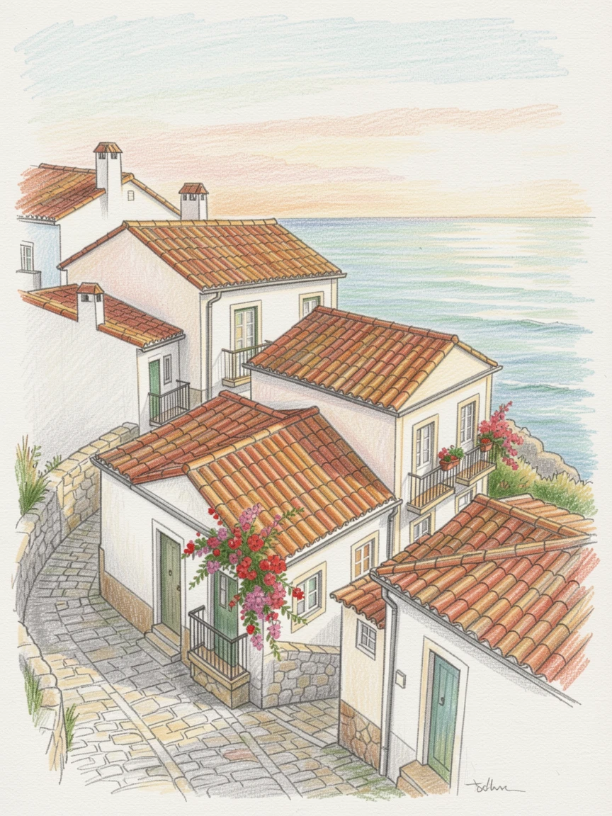 A Portuguese coastal town with tiled rooftops tumbling to the sea, with delicate details that reward a closer look, evoking warmth, beauty, and a lasting sense of wonder.