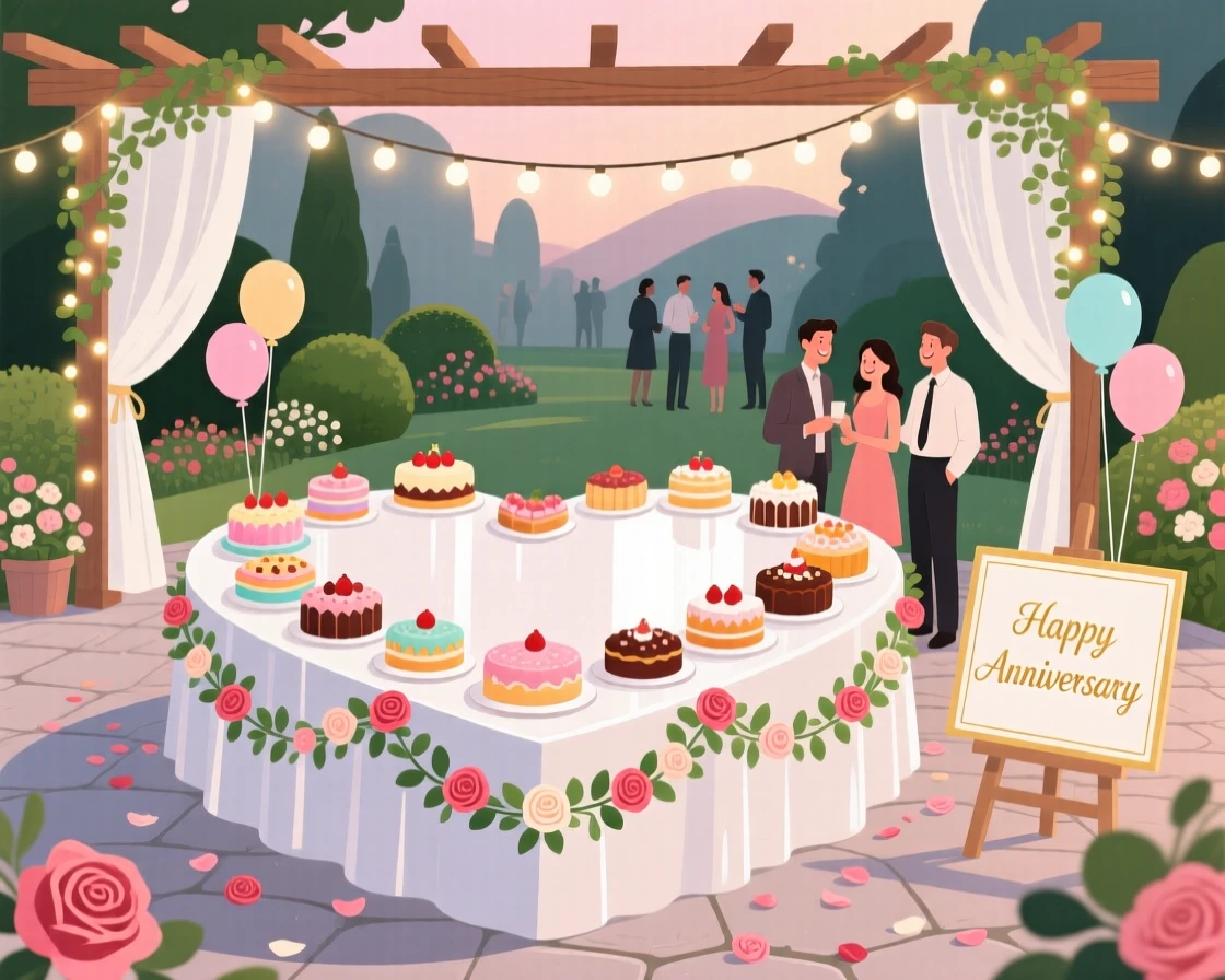 A festive anniversary celebration with a heart-shaped dessert table, set within a beautifully decorated outdoor venue, framed to highlight the excitement of the special occasion, with a joyful sense of togetherness and celebration.