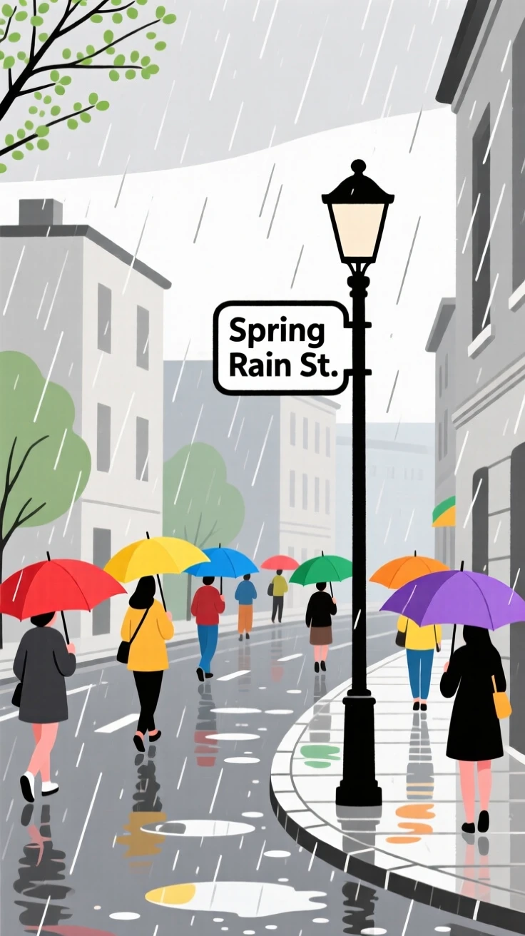 A rainy spring day with colorful umbrellas dotting a city street.
