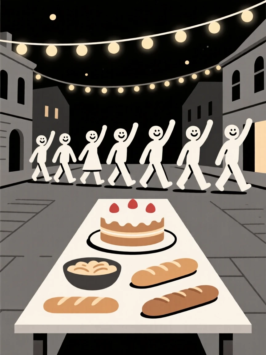 A joyful street parade taking place in a festively lit town square, decorated with a table of festive food, full of triumphant joy.