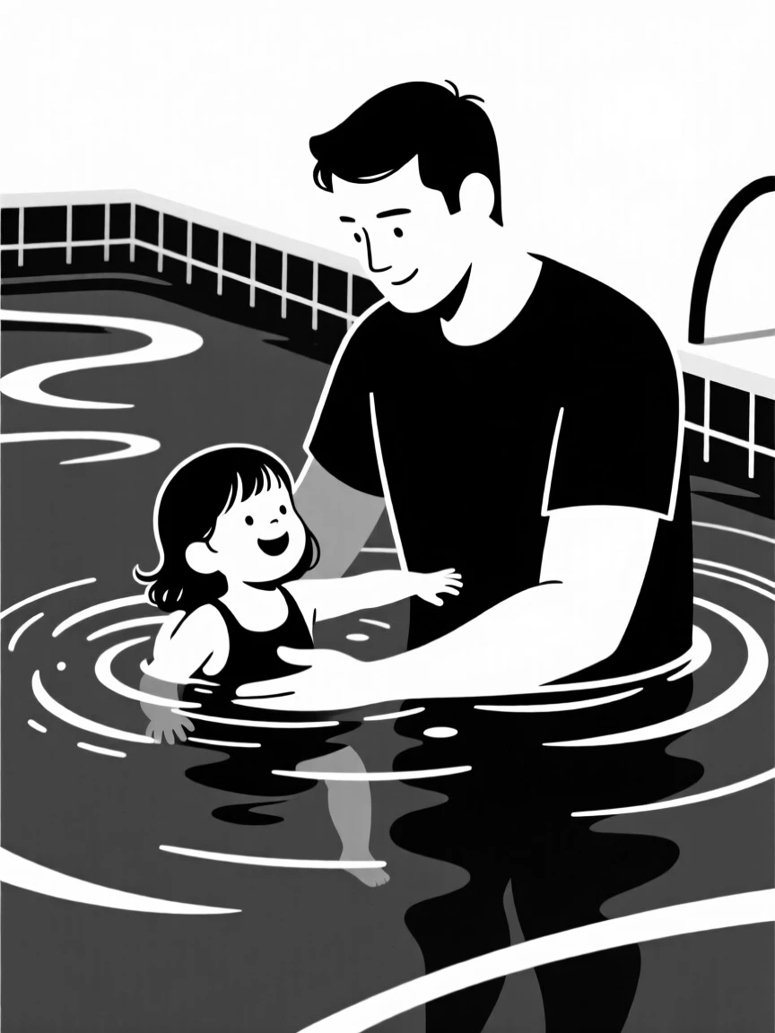 A father teaching his daughter to swim.