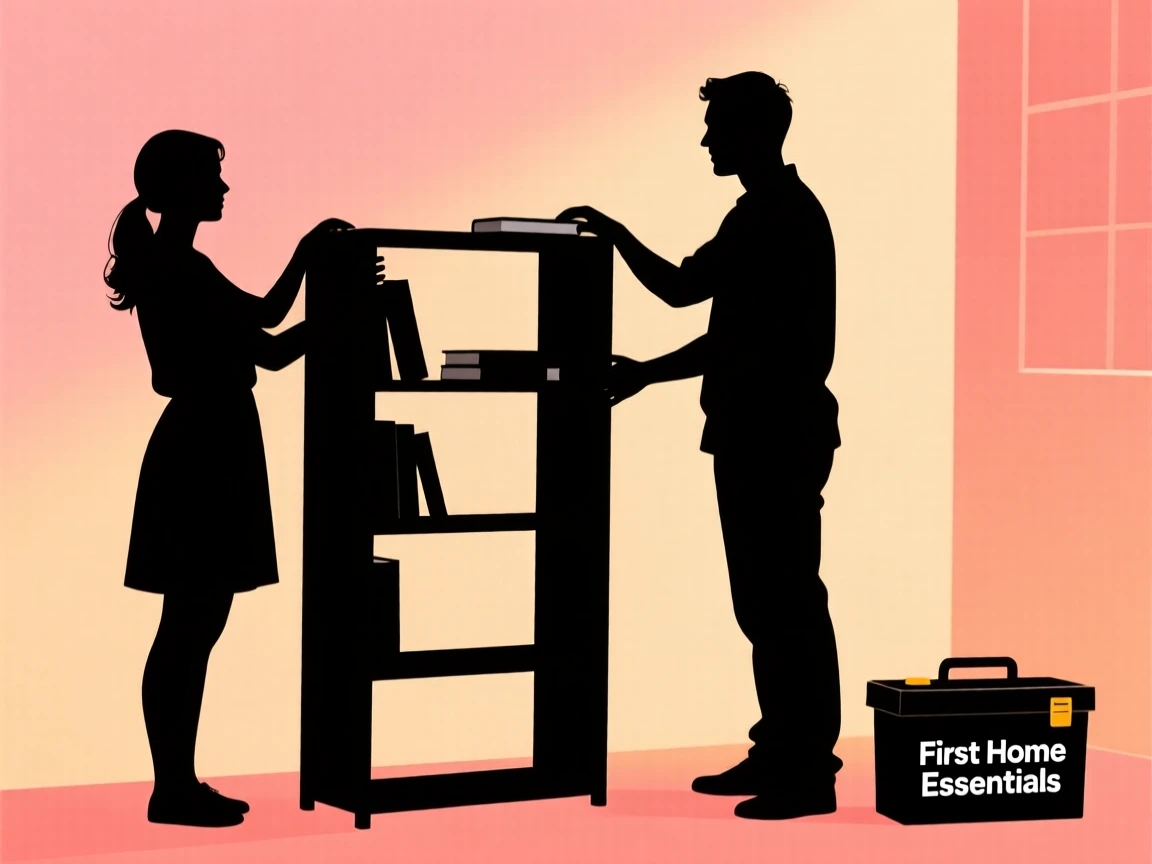 A couple building a bookshelf together in their first home.