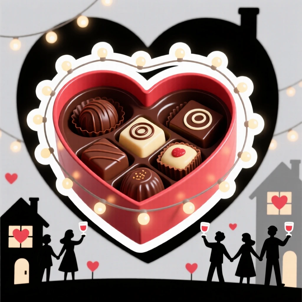 A cozy and heartwarming heart-shaped box of chocolates for Valentine's Day, surrounded by twinkling fairy lights, as the whole neighborhood celebrates together.