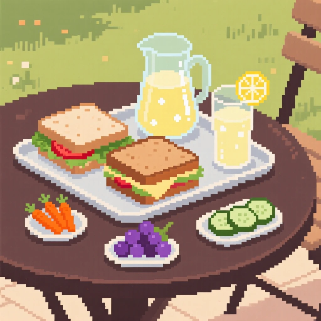 A picnic spread of sandwiches and lemonade served on a tray with tiny side dishes, at an outdoor café table.