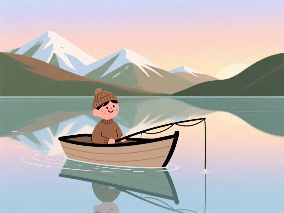 A lone fishing boat drifts across a glassy alpine lake as the first light of dawn stretches across the surface and snow-capped peaks rise in the distance.