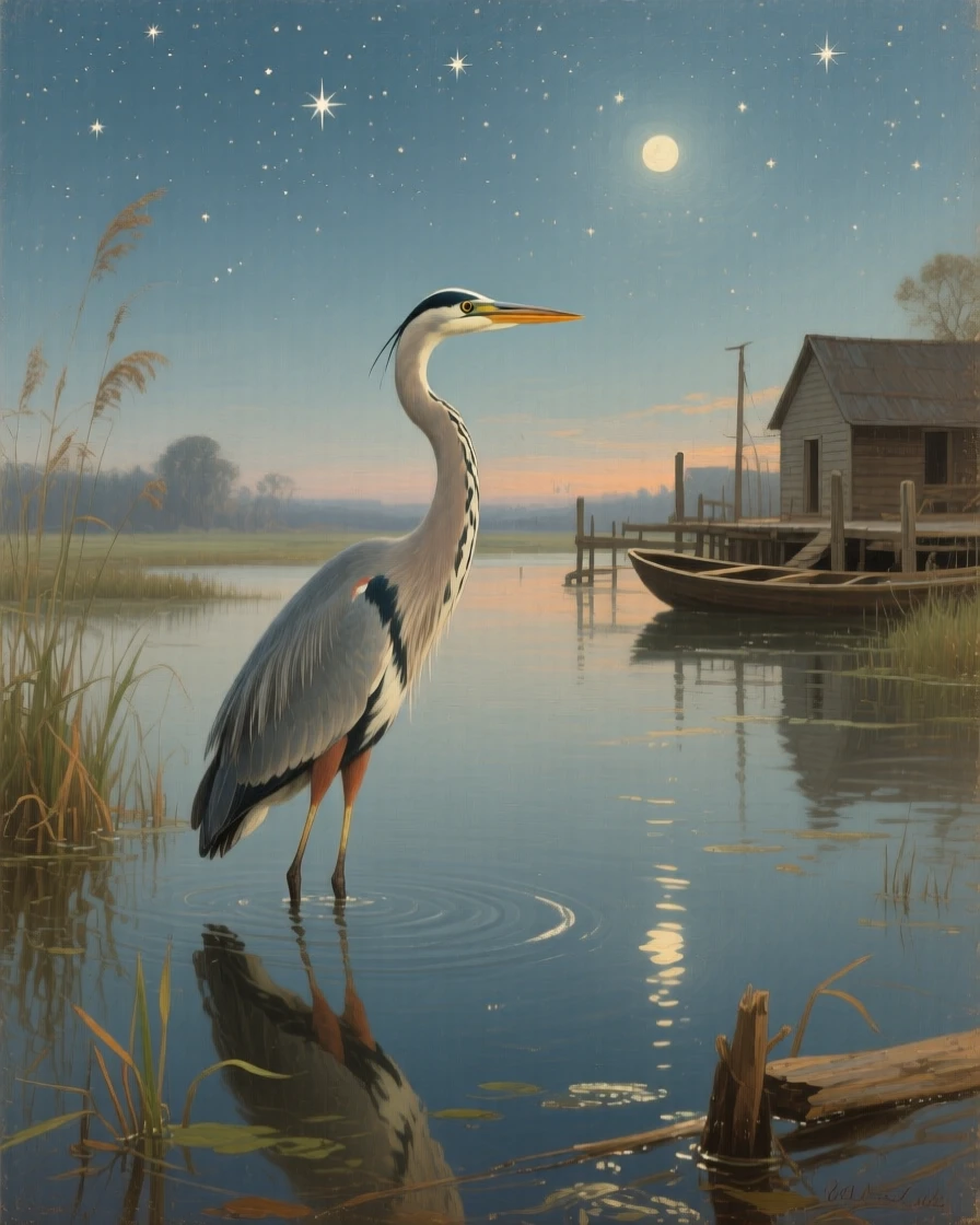 A medium shot of a heron standing motionless in a still, reflective marsh, during the colonial era, under a canopy of stars.