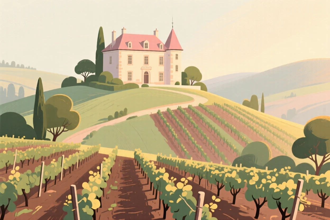A hillside chateau surrounded by neat rows of vineyard
