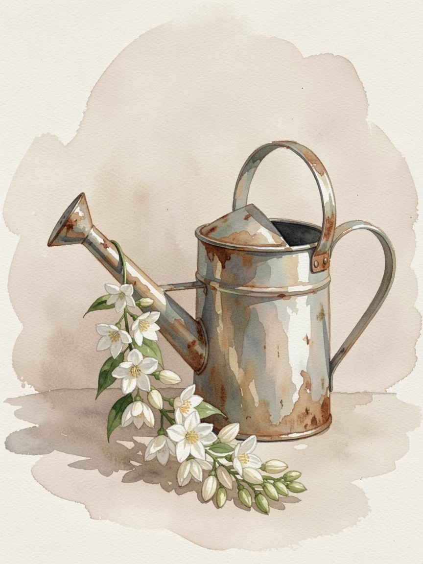 A garland of jasmine flowers against a soft neutral backdrop next to an antique watering can.