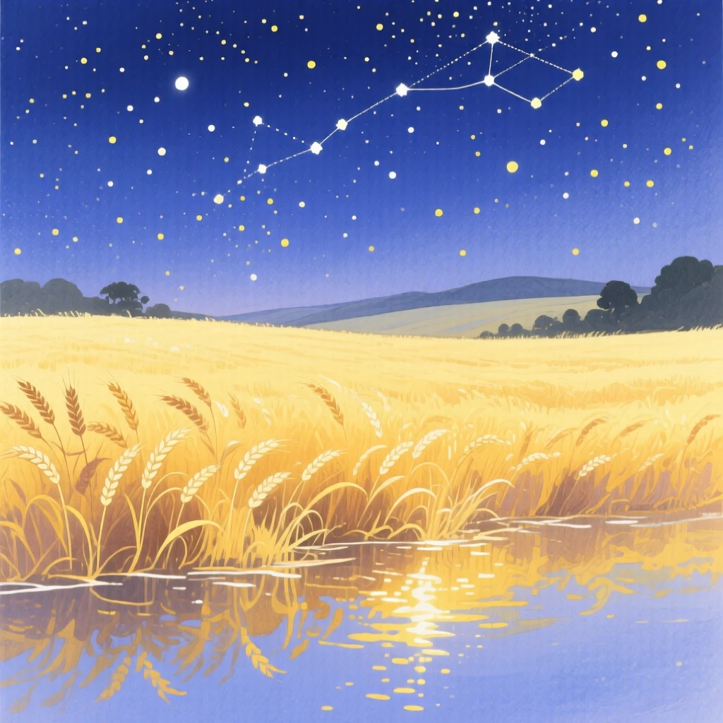 A breathtaking view of a golden wheat field under a canopy of stars, with reflections shimmering across still water