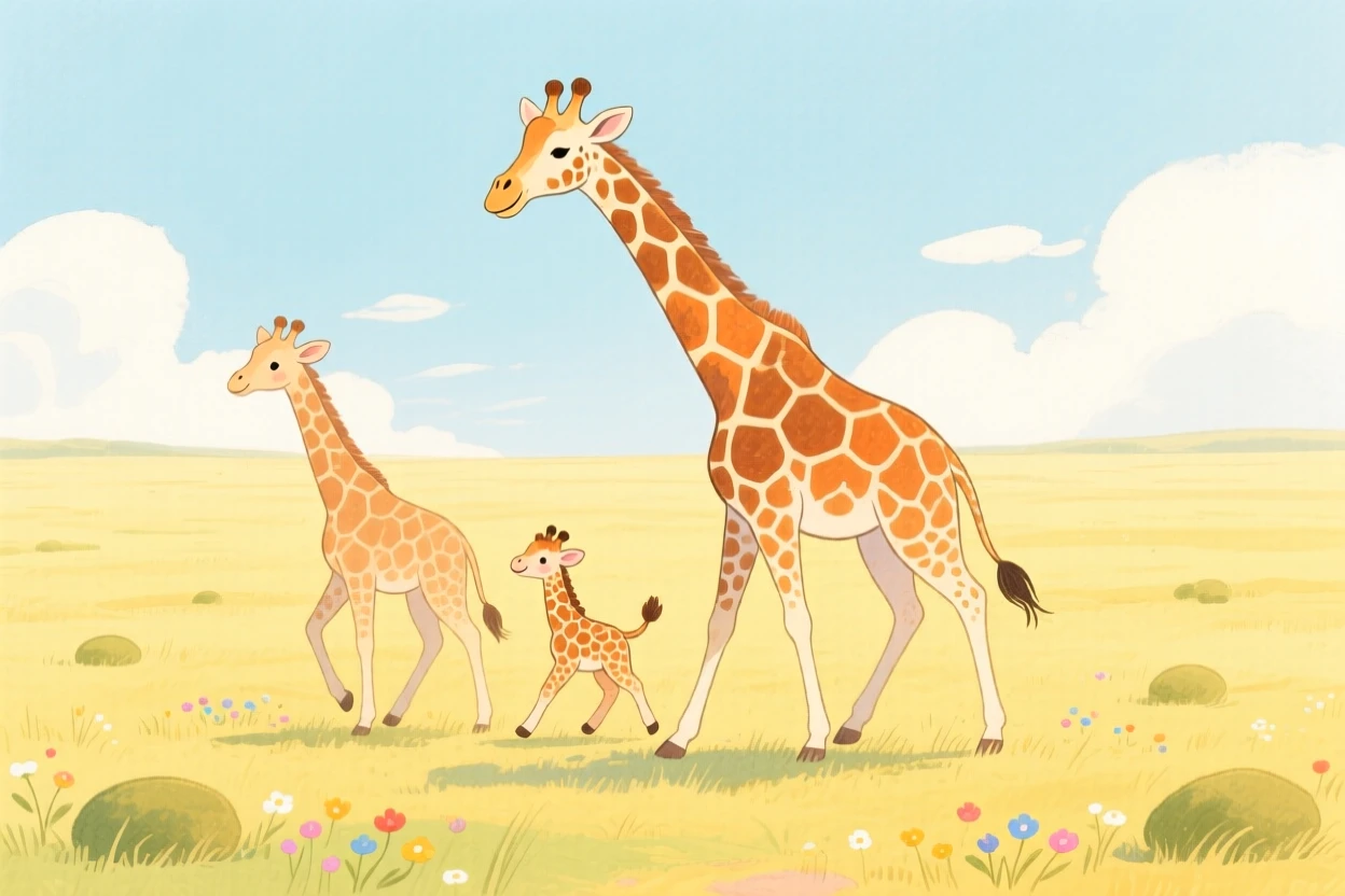 An exciting view of a giraffe family walking across the open plains.