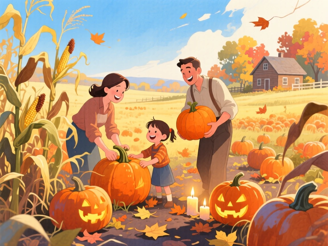 A family harvesting pumpkins together in a autumn patch, in a golden pumpkin patch under a crisp blue sky, with the golden glow of candlelight flickering softly, evoking wholesome autumn family time.