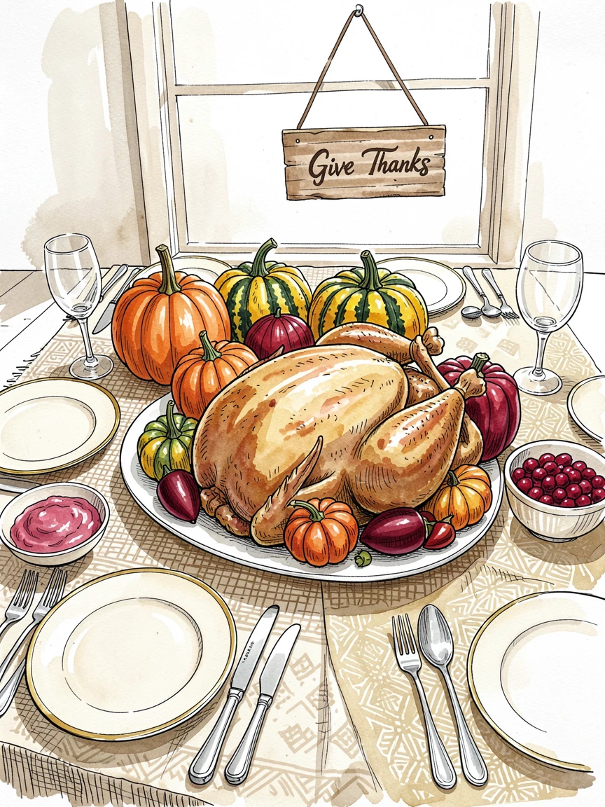 A Thanksgiving table set with a golden roasted turkey and autumn gourds, the mood cozy, joyful, and full of seasonal spirit.