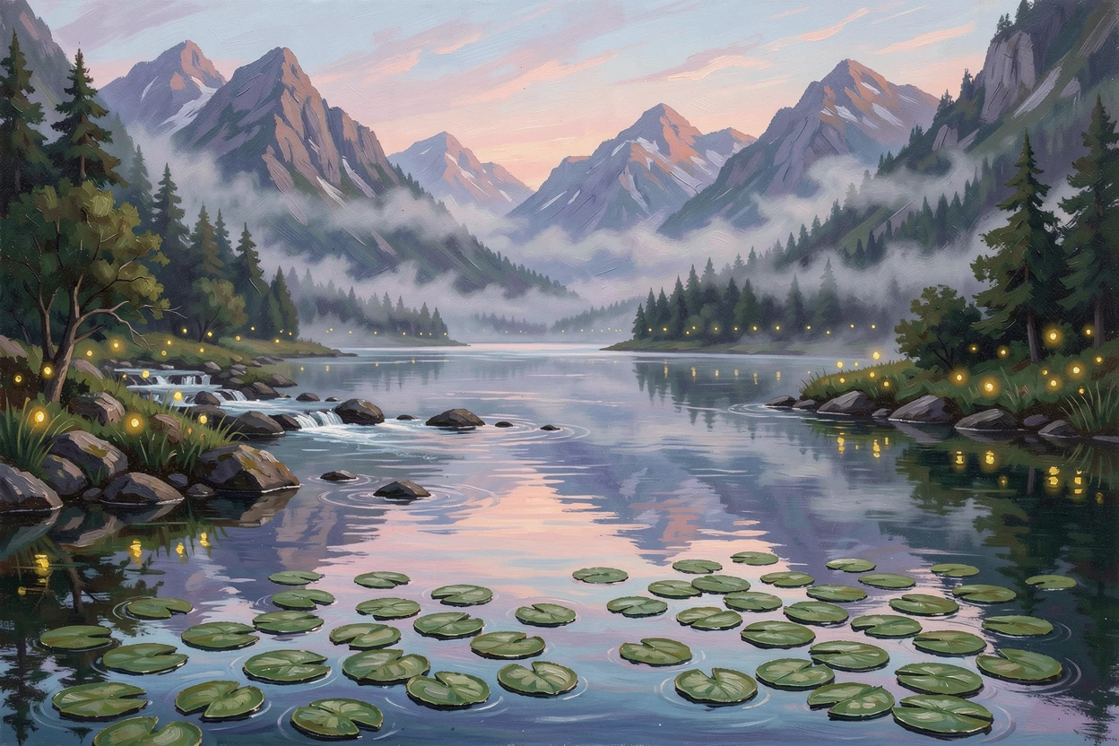 With lily pads scattered across the surface near the shore, a chain of interconnected lakes fed by a mountain stream, mist rising gently off the water's surface, on a calm summer evening, fireflies rising from the banks.