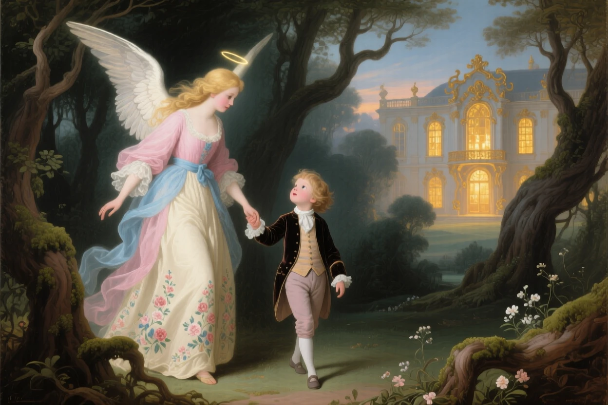 A bright angel guiding a lost child through a dark forest toward a warm palace light  