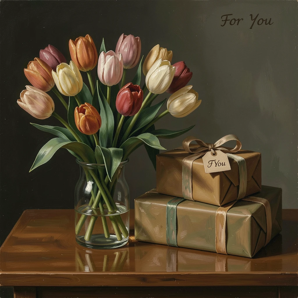 A bouquet of tulips arranged beside a stack of gift-wrapped presents, as reflections shimmer subtly across polished surfaces, celebrating the beauty found in fine craftsmanship and detail