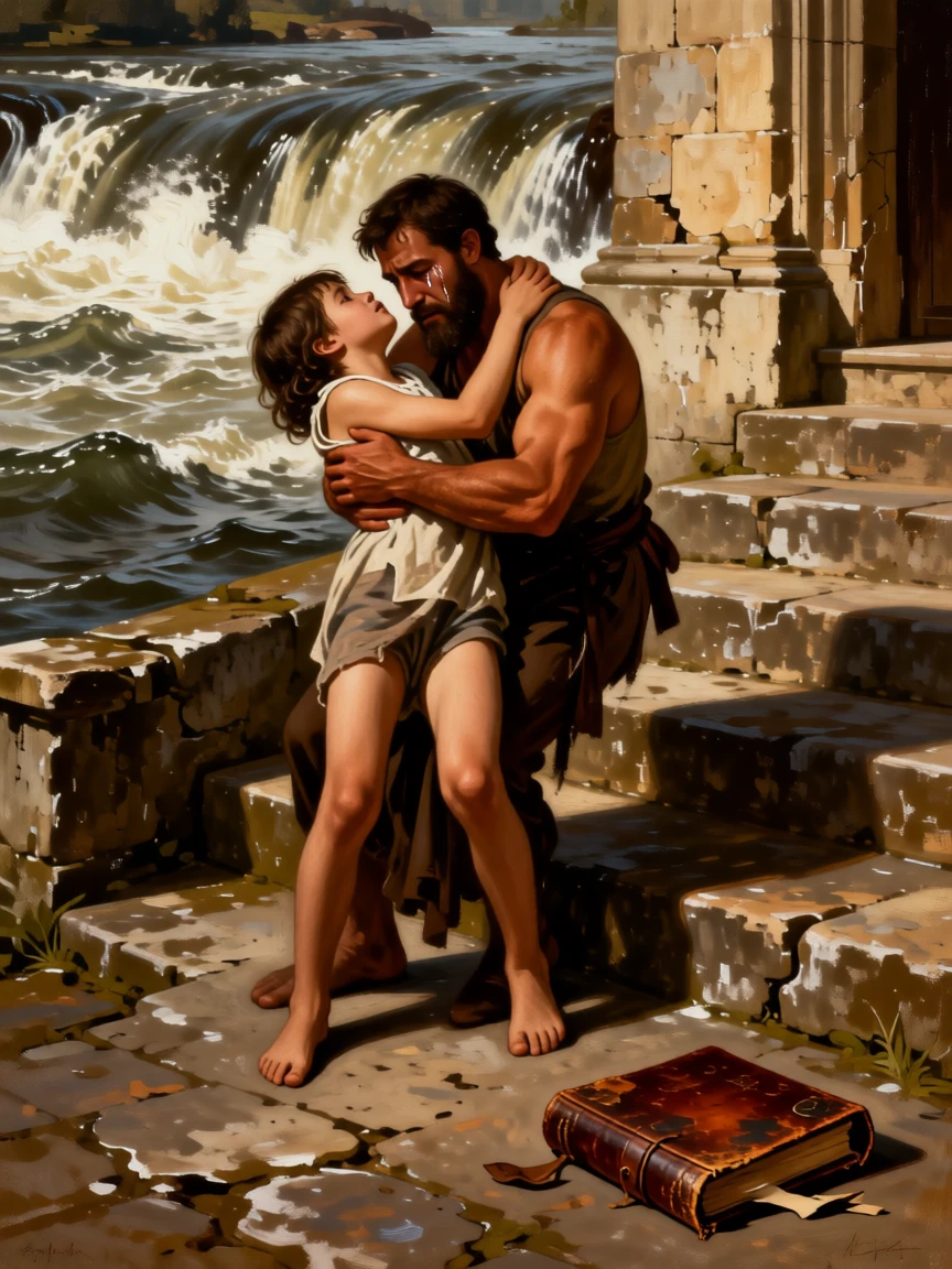 A rescuer pulling a drowning child from a raging river as the weight of years finally lifts, set on the worn steps of a village church, with trembling hands, tear-streaked faces, and a single dropped object forgotten on the ground; the two central figures are drawn close together in an intimate embrace, capturing love that has endured distance and time.