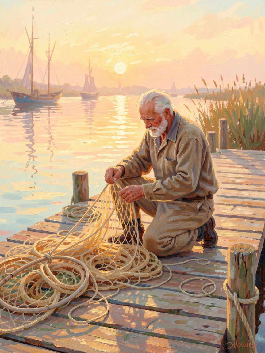 An elderly fisherman mending his nets on a weathered dock, deep lines of experience etched into his weathered face, at golden sunrise.