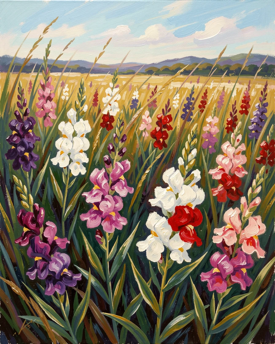 A field of wild snapdragons swaying in a gentle summer breeze.