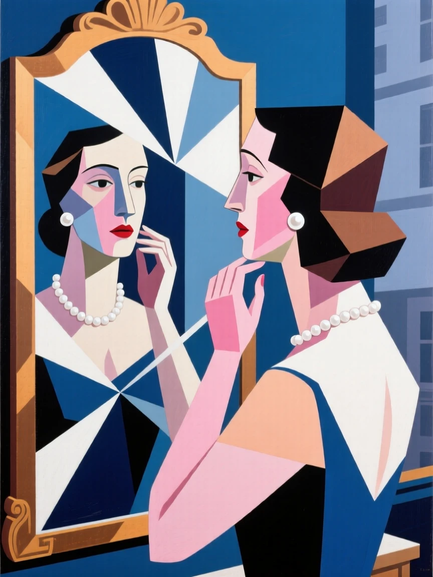 An elegant lifestyle scene of an elegant woman adjusting her pearl earrings before a grand mirror.