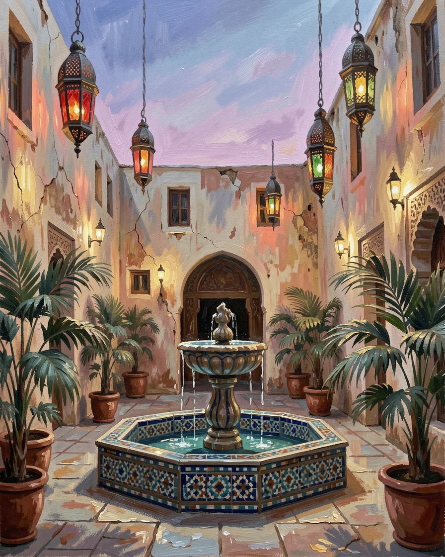 An opulent Moroccan riad courtyard features an ornate tiled fountain, hanging lanterns, and lush potted palms beneath an open sky at dusk, the play of light across weathered surfaces revealing decades of history in every wall.