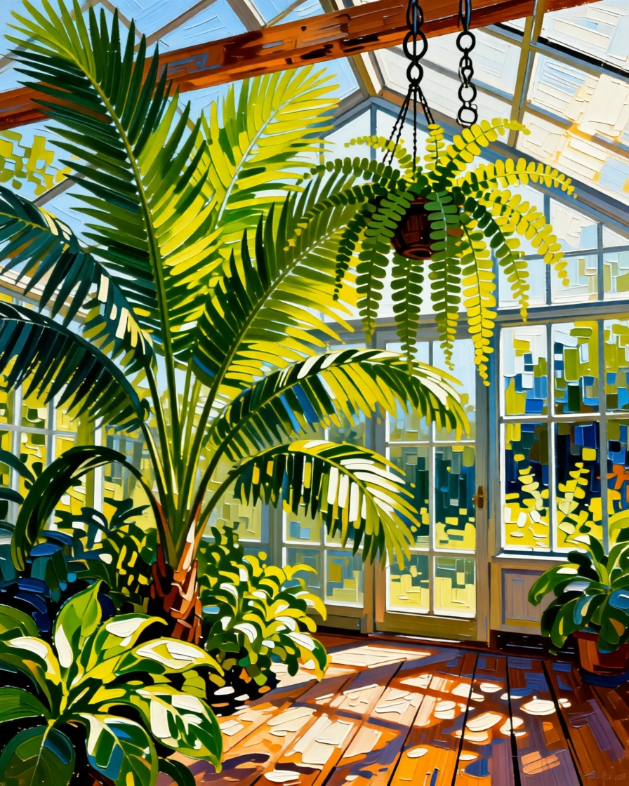 A sunlit greenhouse conservatory filled with towering palms and hanging ferns