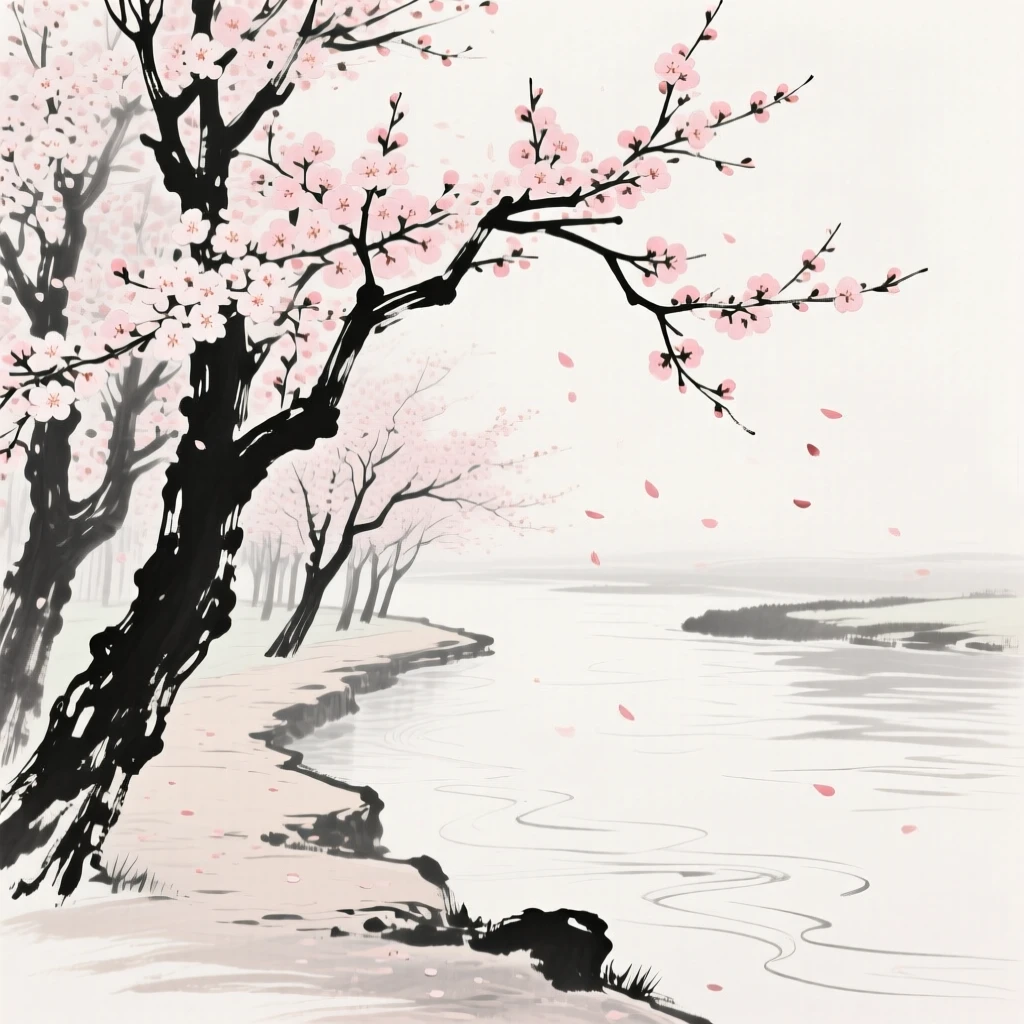 Cherry blossoms bloom in full along a quiet riverside path, as a gentle breeze carries the scent of blossoms.