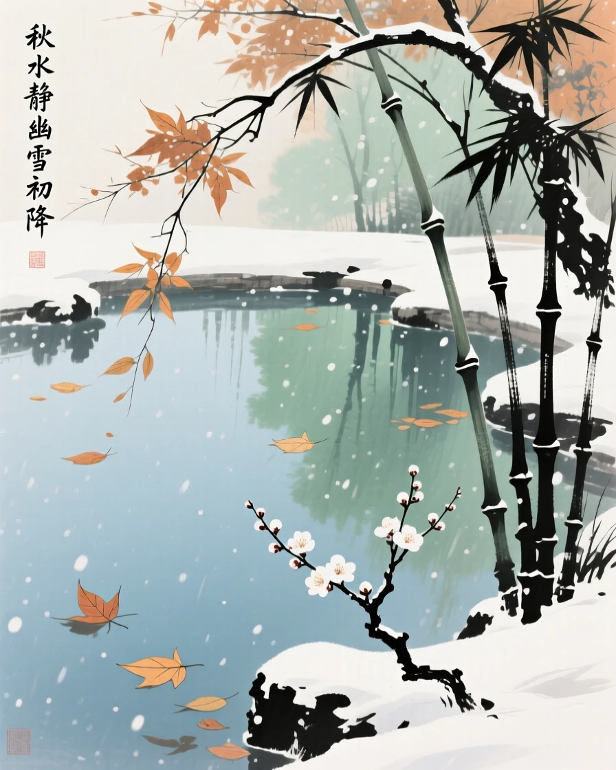 The stillness of a garden pond just before the first snow falls, brimming with peaceful contentment, in late autumn.