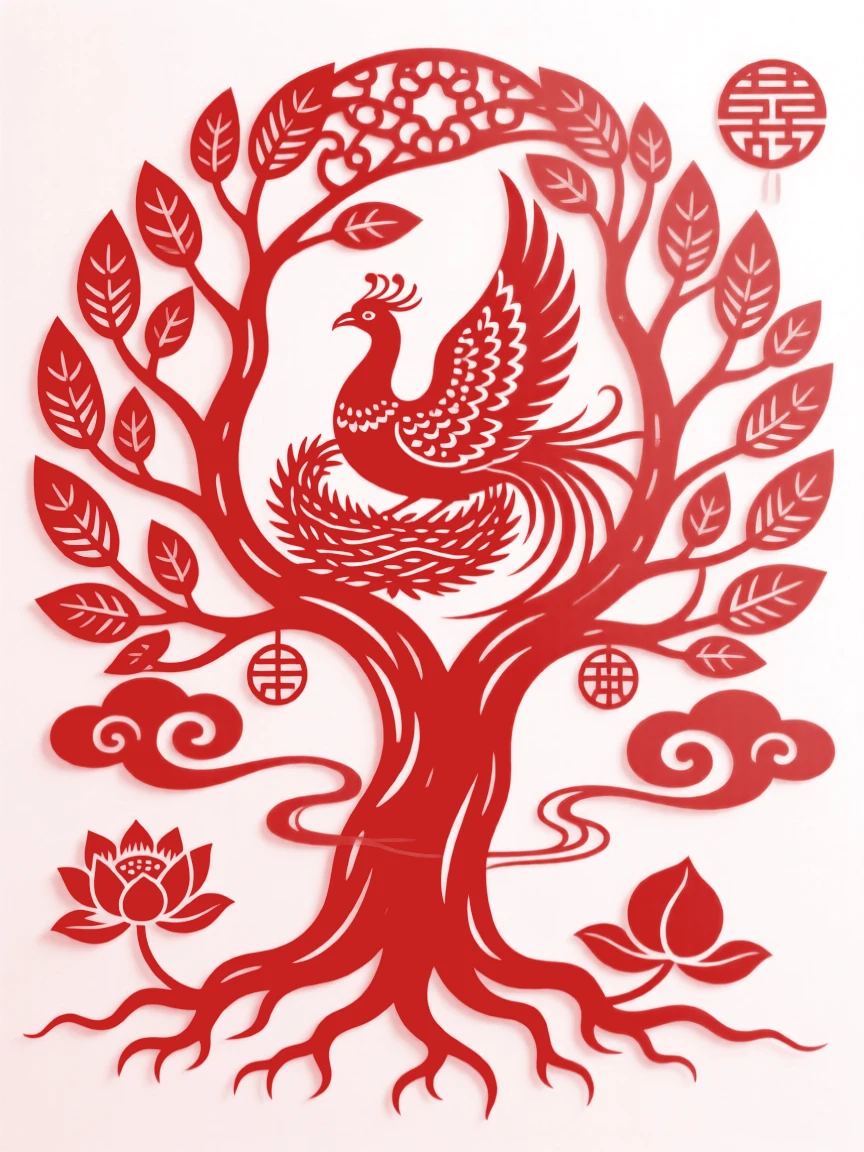 A phoenix nest cradled in the branches of a world tree whose roots pierce through drifting clouds