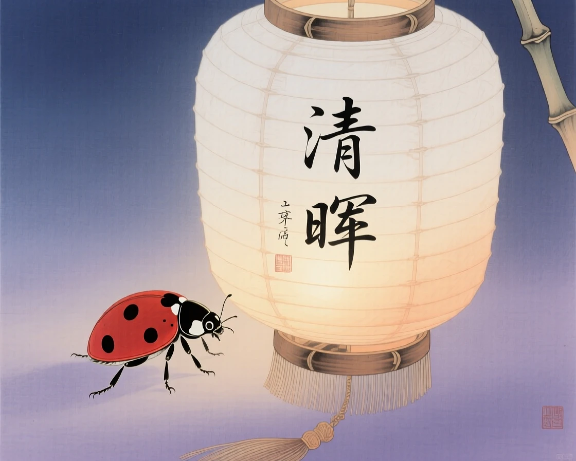 A ladybird beetle near a paper lantern at twilight
