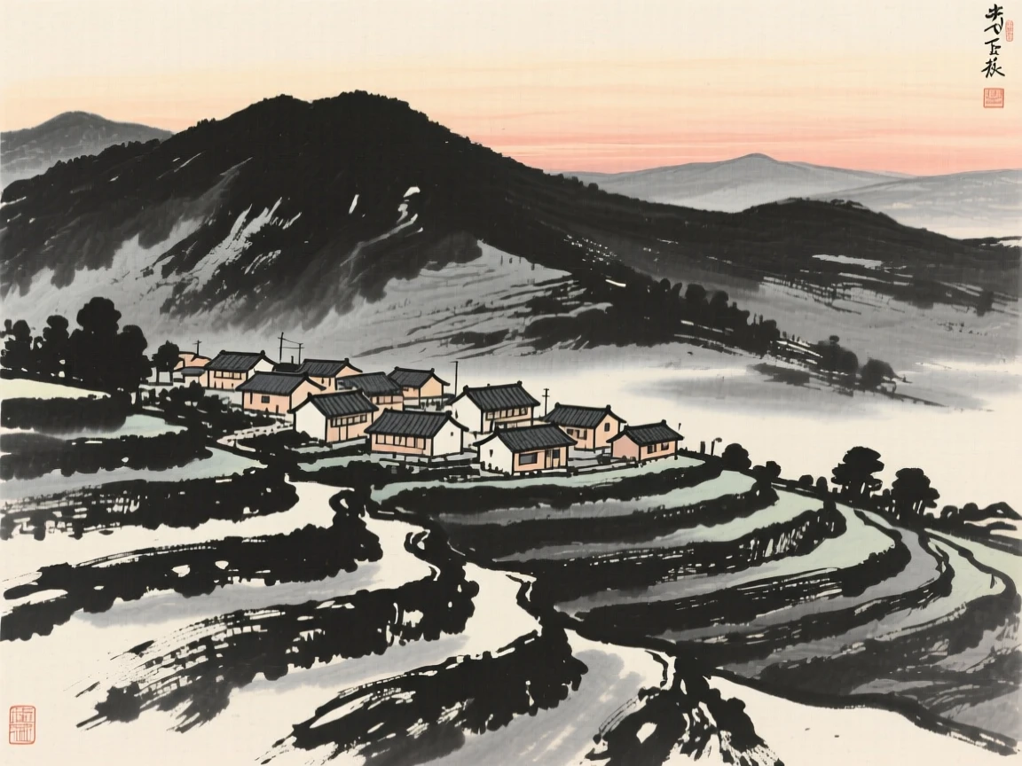 A terraced hillside town at dusk against a backdrop of distant mountains, captured from a distance, small against a vast landscape, carrying a sense of sacred stillness.