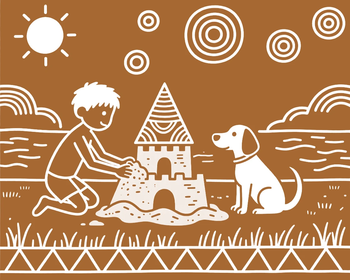 A boy and his pet dog building a small sandcastle by a riverbank.