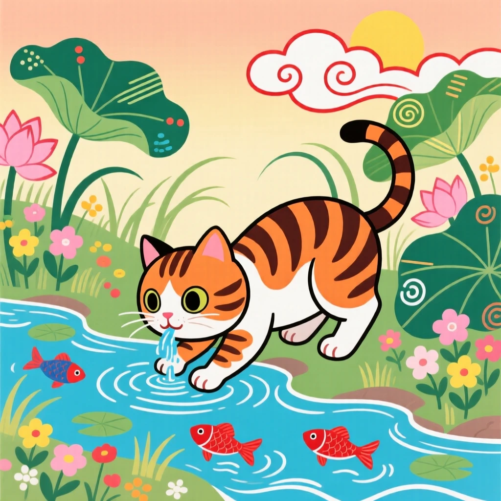 A curious tabby kitten drinking from a stream on a summer afternoon.