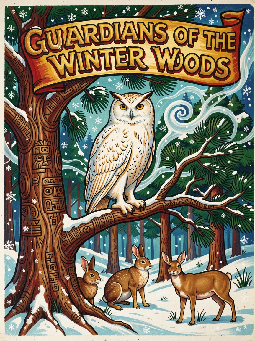 A snowy owl perched silently in a winter forest