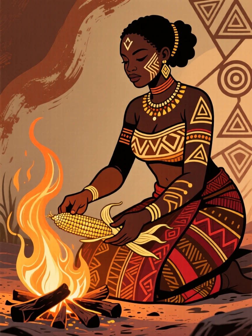 A woman roasting corn over an open flame.