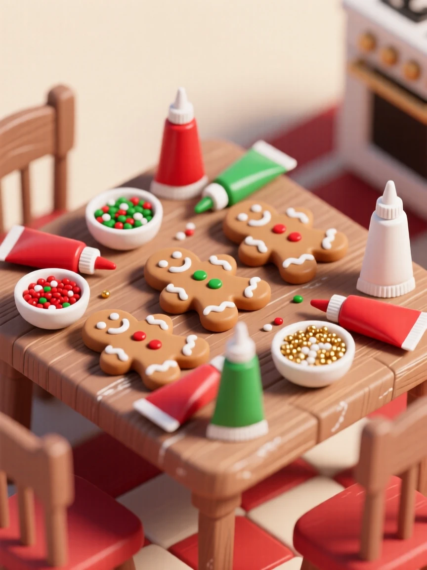 A Christmas cookie decorating party with frosting tubes, sprinkles, and gingerbread men lined up on a kitchen table.
