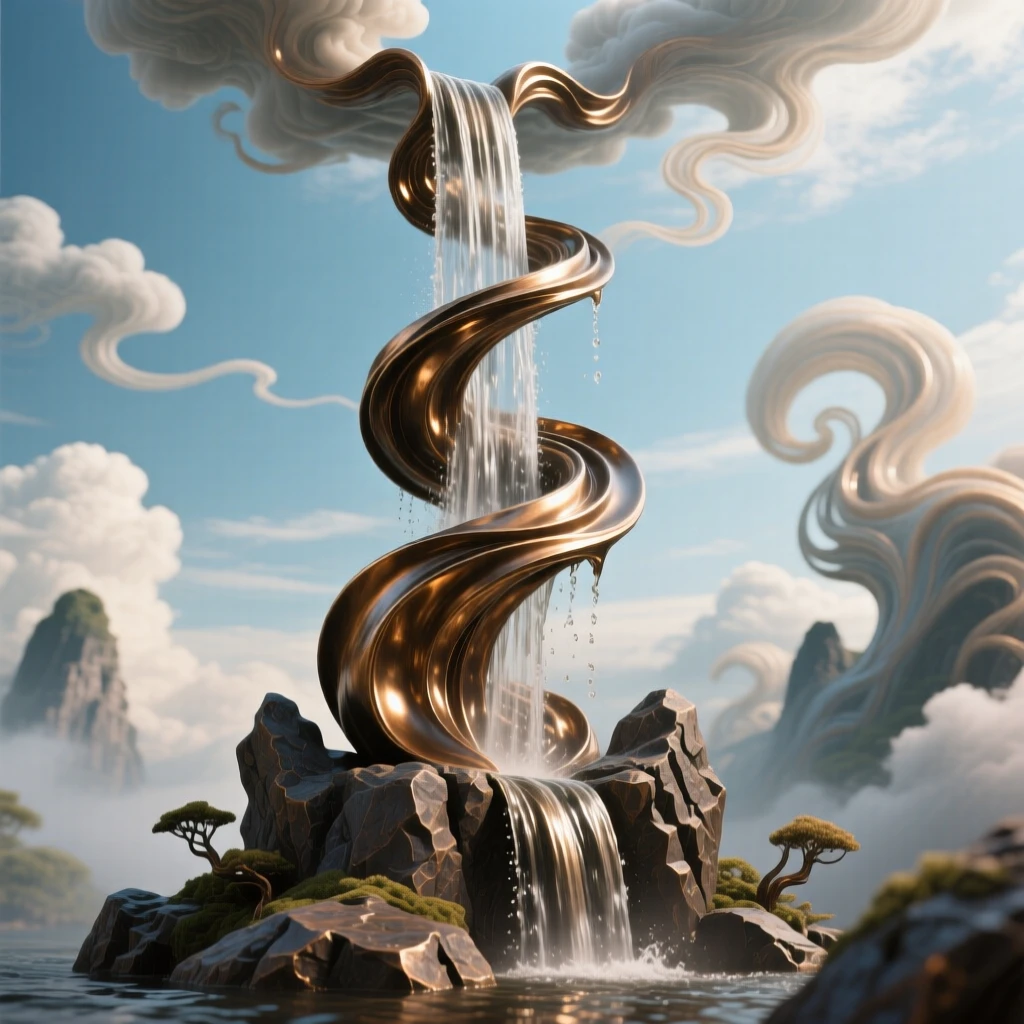 A magical waterfall flowing upward into the sky, set against a surreal, otherworldly sky, transporting the viewer to another world