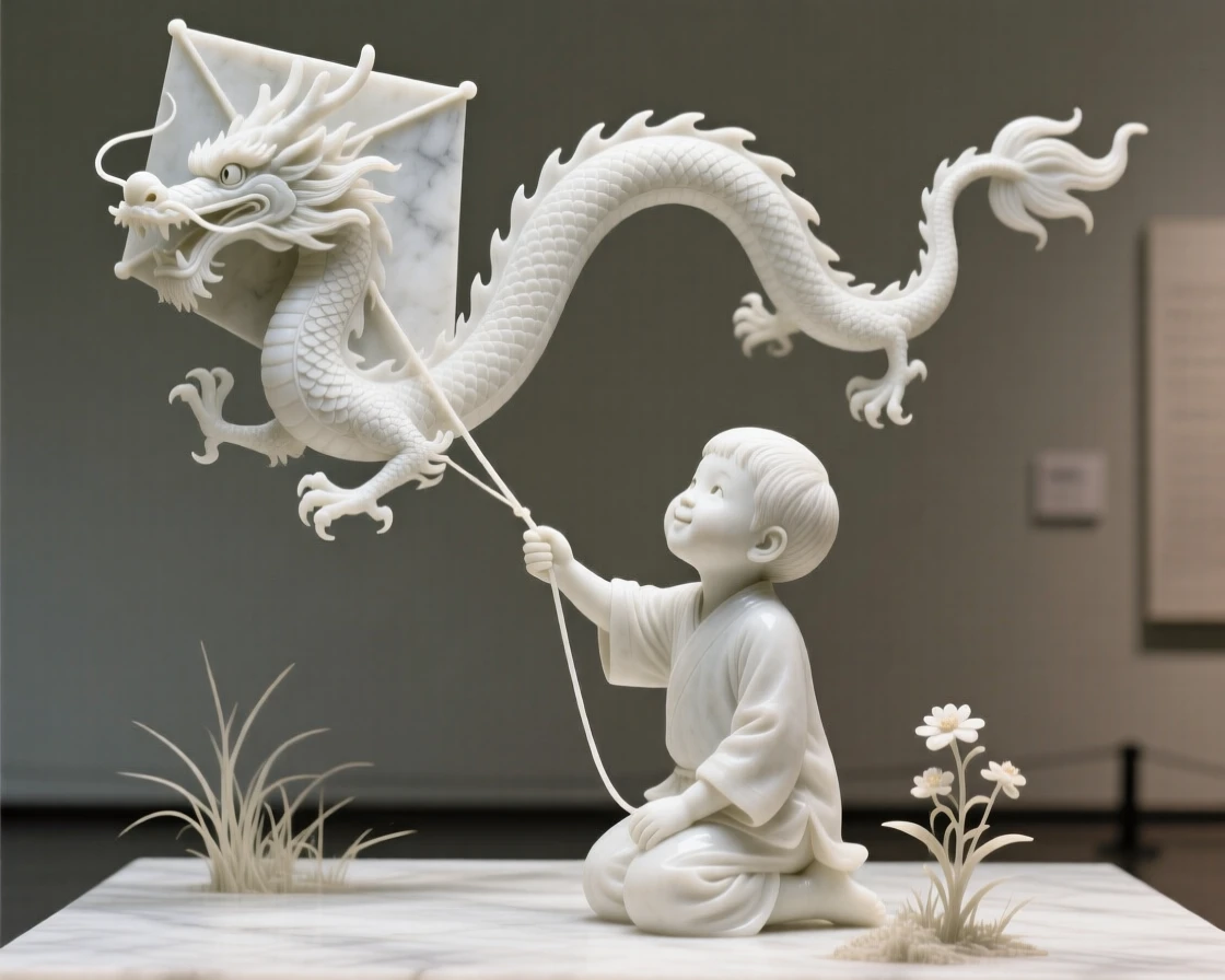 A vivid, emotionally rich scene of a child flying a kite shaped like a dragon, in a moment of quiet stillness, designed to captivate and inspire
