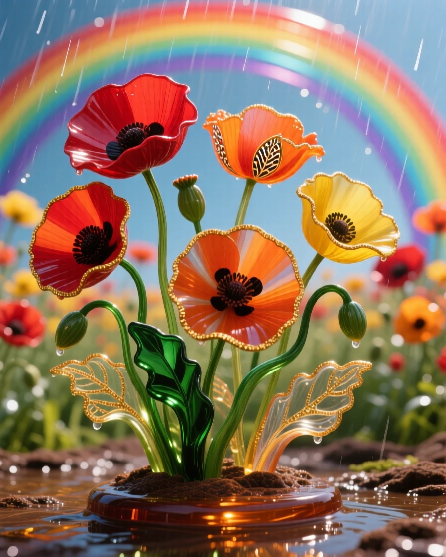 A field of blooming poppies swaying beneath a rainbow after rainfall, hopeful and vivid.