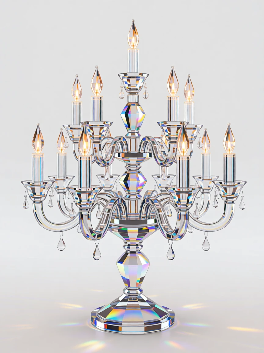 An elaborate crystal candelabra with dozens of lit candles in a grand hall.