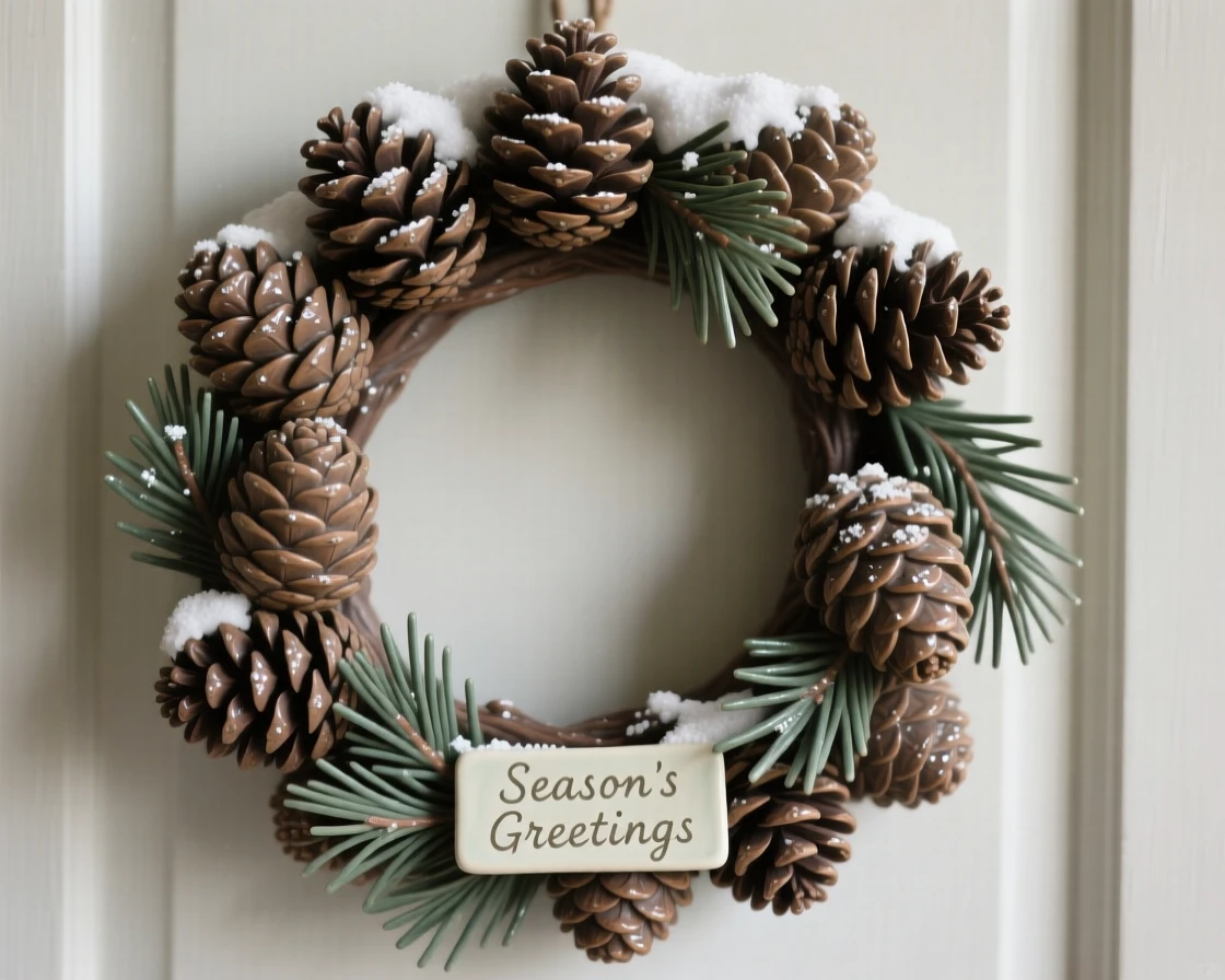 A snow-dusted pinecone wreath caught in a moment of seasonal cheer, dusted lightly with glittering snow, stirring cozy nostalgia for cherished traditions.