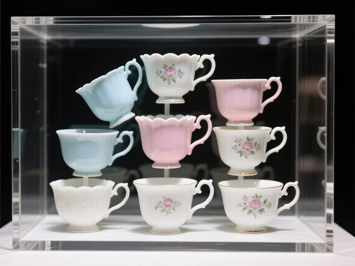 A collection of vintage teacups arranged in a glass display case, forming a harmonious, elegant composition.