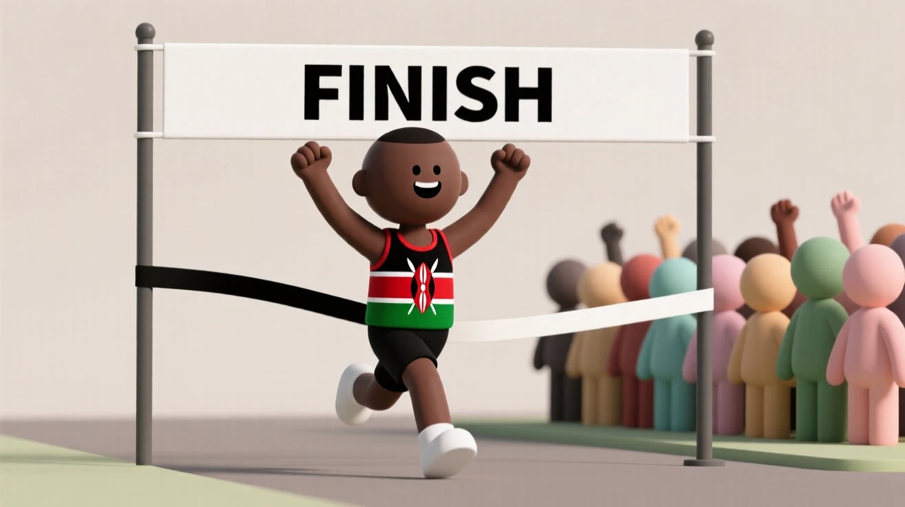 A determined Kenyan marathoner crosses a finish line banner, arms raised as a cheering crowd erupts.